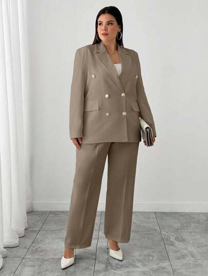 RueChic Women Simple Business Solid Color Lapel Neck Double Breasted Blazer And Pants