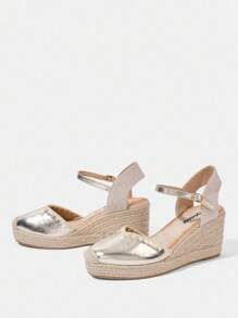 Styleloop Women's Pleated Strap Jute Bottom Platform Wedge Sandals, Bohemian Style - Gold - View 3