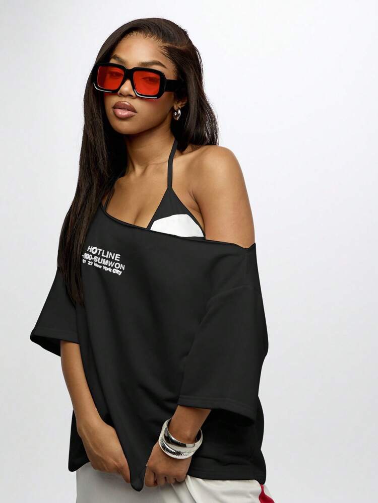 SUMWON Off Shoulder Slouchy Tee With Graphic Print Oversized Summer Top For Festival Beach Vintage Style Street Fashion Loose Fit Urban ,Off The Shoulder Tops