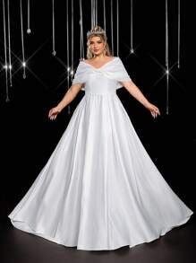Glamrae Plus Size Elegant Romantic All White Strapless Big Bow Decoration Luxury Wedding Dress Satin Big A-Line Long Tail Embroidery Bridal Wedding Dress Off Shoulder