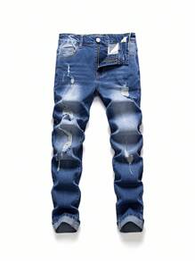 SHEIN 青少年男孩时尚复古水洗做旧紧身弹力牛仔裤，舒适百搭卷边休闲裤