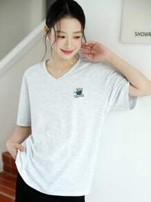 SHEIN Áo thun cổ chữ V cỡ lớn cho bé gái tuổi teen có in hình gấu thường ngày - Xám - Xem 3