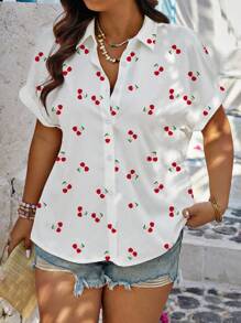 Calvaya Áo sơ mi tay ngắn in họa tiết quả anh đào cỡ lớn, Áo sơ mi nữ, Mùa hè - Nhiều màu - Xem 1