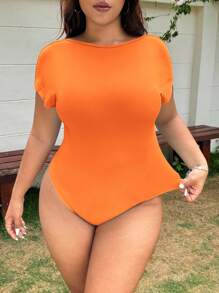 SHEIN EZwear 大码橙色短袖露背紧身衣 - 亮橙色 - 查看 5