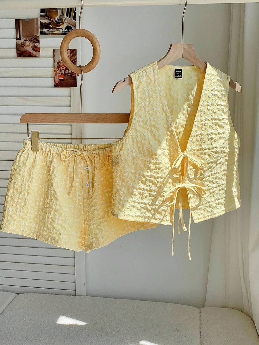 Comfortcana Women's Summer Clothing Light Yellow Woven Sleeveless Top Open Collared Tie And Shorts Casual Cute Two Piece Set Suitable For Summer Vacation Seaside - Yellow - View 1