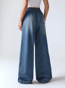 LYSMO Women's Drawstring Waist Pocketed Wide Leg Loose Casual Versatile Jeans - Blue - View 2