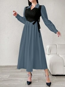 Modelyn 优雅女士秋季拼色不对称系带侧裙长款女士服装 - 藍色 - 查看 8