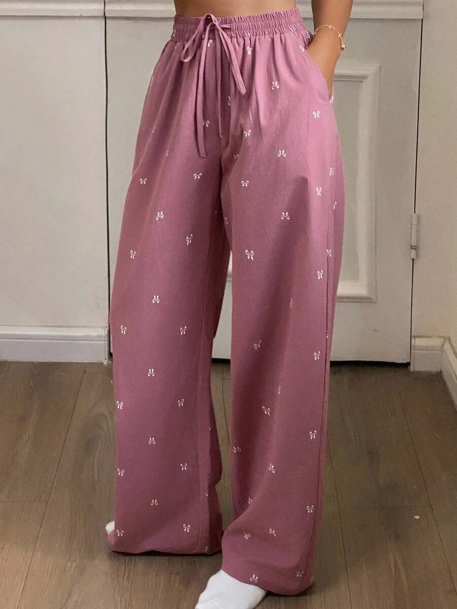 DAZY Cute Bow Print Loose Pajama Bottom, Winter - Purple - View 1