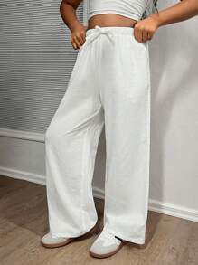 SHEIN Tween Girl Casual Plain Straight Leg Woven Pants Fall Winter - White - View 3