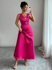 SHEIN Elenzya Đầm dài không tay màu trơn thanh lịch dành cho nữ, phong cách lãng mạn - Màu Hồng Tươi - Xem 7
