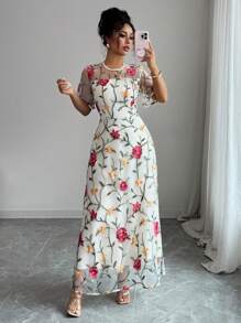 Elenzga Váy lưới thêu hoa hồng in họa tiết lá thanh lịch giản dị dành cho nữ - Nhiều màu - Xem 6