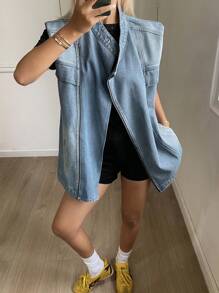 Livesso 女士牛仔无袖垫肩中长夹克