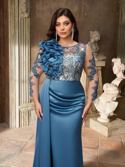 Aureia Aureia 大码优雅船领奢华串珠刺绣拼接塔夫绸3D荷叶边装饰长袖高开衩薄纱罩衫连衣裙，适合派对、庆典、婚礼、正式晚宴（精致设计）