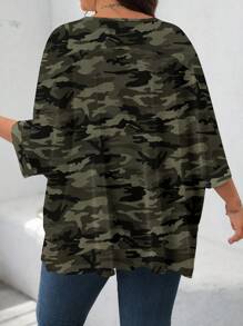 SHEIN LUNE Camouflage Print Casual Minimalist Loose Fit Round Neck Long Sleeve T-Shirt, Plus Size, Suitable For Autumn/Winter - Green - View 2
