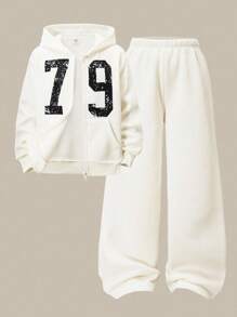 SHEIN Explorewe 2 Stücke Tween Mädchen Lässig Kapuzen-Reißverschluss Locker Bedruckter Sweatshirt und Elastischer Taille Weite Bein Hose Set, geeignet für Frühling/Herbst, Lässig, Urlaub, Straße, Pendeln, Sport - Aprikosenfarben - Übersicht 4
