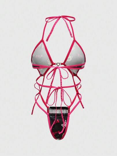 Kawaii Kawaii Cat Bow Heart Print Sexy Bodysuit With Metal Lace-Up Bow For Women