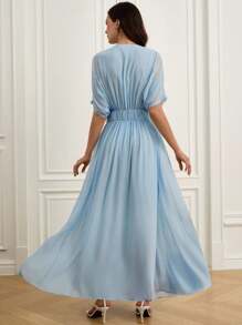 Chiquease European & American Elegant, Lightweight, Luxury Chiffon Pleated, Front Button Down, 3D Floral Decoration Women Long Dress - Blue - View 2