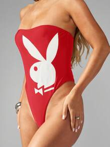 Missguided x Playboy MISSGUIDED Traje de baño de una pieza con corte alto y estilo retro navideño, con estampado de icono de conejito, corte alto en los muslos y sin tirantes, para playa, piscina y fiestas de verano