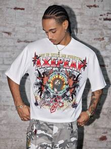 AXEPEAK Urban Street 耶稣十字架图案短袖圆领休闲T恤 - 白色 - 查看 1