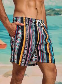 Manfinity VDAYZ Men's Elastic Waist Drawstring Loose Casual Vintage Style Beach Pants - Multicolor - View 3