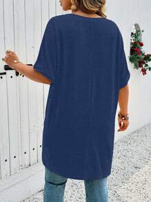 EMERY ROSE Plus Size Summer Casual Solid Batwing Sleeve Side Slit T-Shirt - Blue - View 2