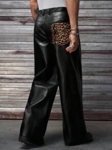 AXEPEAK 豹纹拼接休闲宽松直筒男士夏季长裤，秋季 - 黑色 - 查看 2