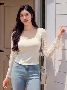 DAZY Women's Square Neck Lace Patchwork Slim Fit Short Elegant Long Sleeve T-Shirt - Beige - View 4