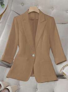 Franclia Blazer casual y de trabajo de un botón para mujer, ropa de primavera/verano para la universidad - Caqui - Ver 5
