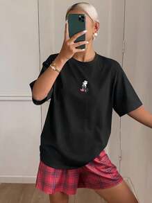 DAZY Cartoon Print Loose Fit T-Shirt Top And Plaid Shorts Women Pajama Set - Black - View 4