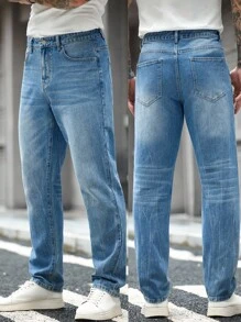 Manfinity Homme Men's Casual Everyday Washed Slanted Pocket Straight Leg Jeans - Light Wash - View 1