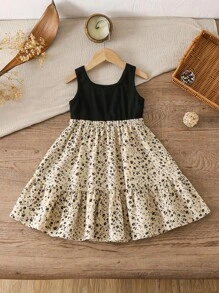 LMoss Kids 年轻女孩碎花拼布荷叶边下摆无袖连衣裙，夏季 - 灰色 - 查看 2