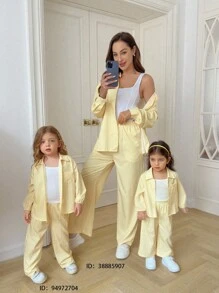 SHEIN 2 件女婴/妈妈黄色条纹长袖衬衫和裤子休闲套装（2 套单独出售） - 黃色 - 查看 1