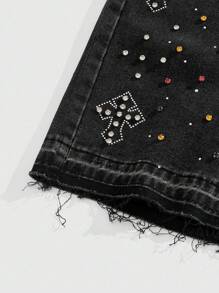 ROMWE MEN Goth Men's Summer Rhinestone Street Distressed Cross Pattern Raw Edge Loose Denim Shorts - Black - View 3