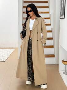 SHEIN EZwear 女士休闲日常春秋季翻领双排扣长款风衣 - 卡其色 - 查看 4