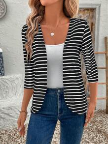 EMERY ROSE Damen Lässig Minimalistisch Modisch Schwarz-Weiß Gestreifter 3/4 Arm Jacke Gestreifter Cardigan für Herbst/Winter