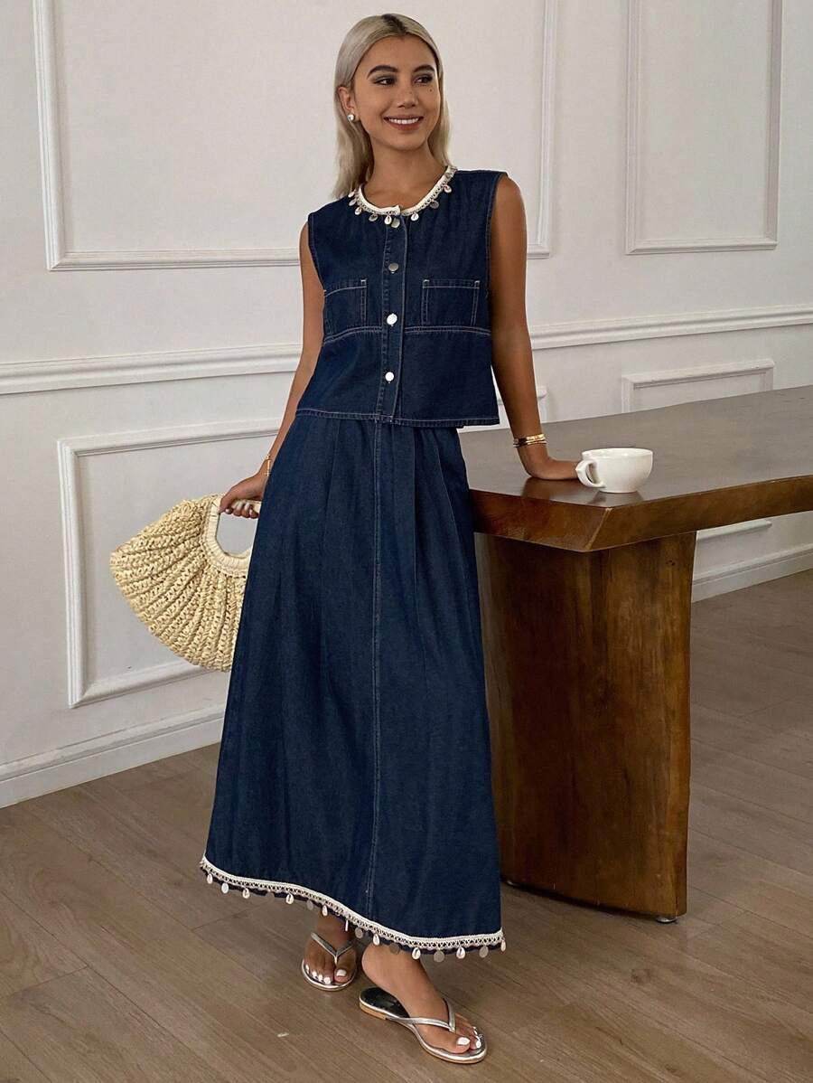 Livesso بذلة مكونة من ملابس علوية أكمام بلا أنقاب للرقبة وتنورة دنيم طويلة - قطعتان للنساء - الأزرق - مشاهدة 1