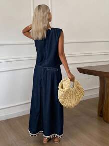 Livesso بذلة مكونة من ملابس علوية أكمام بلا أنقاب للرقبة وتنورة دنيم طويلة - قطعتان للنساء - الأزرق - مشاهدة 2