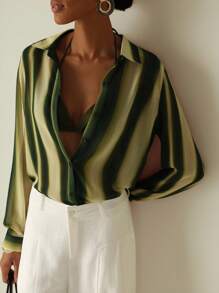 Vesra Blouse longue à manches longues avec boutons et imprimé rayures en mousseline de soie, style décontracté pour femmes en été