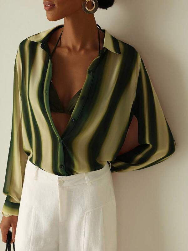 Vesra Damen Sommer Lässig Chiffon Gestreift Muster Knopfleiste Langarm Bluse