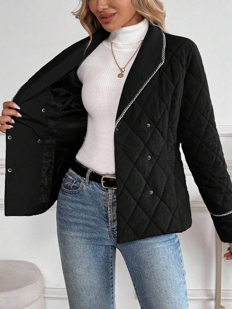 Manteau matelassé d'hiver pour femmes avec bordure contrastée et poches, veste matelassée à manches longues pour femmes, veste noire pour femmes, veste matelassée noire pour femmes, veste matelassée pour femmes