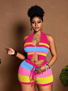 Maweii Conjunto de suéter para mujer talla grande, dos piezas, Cromático, Top de escote halter y cuello en V de seda helada retorcida talla grande pantalones cortos con cordón y cordones, conjunto de punto sexy y estilizado, estilo hombros descubiertos para verano, estilo boho para vacaciones