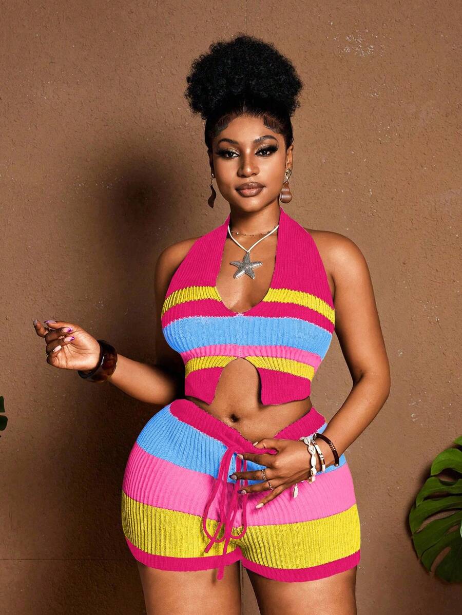 Maweii Conjunto de suéter para mujer talla grande, dos piezas, Cromático, Top de escote halter y cuello en V de seda helada retorcida talla grande pantalones cortos con cordón y cordones, conjunto de punto sexy y estilizado, estilo hombros descubiertos para verano, estilo boho para vacaciones