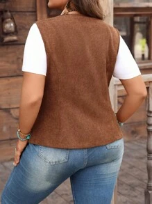 EMERY ROSE Chaqueta sin cierre de pana de un solo pecho de unicolor para mujer talla grande, para mujer de verano/otoño, ropa urbana para mujer, concierto de country, estilo de mujer de dinero antiguo, chaleco vaquero de talla grande, chalecos de pana de talla grande, adecuado para principios de otoño, salir, estilo occidental, vacaciones de mujer, principios de otoño, otoño para mujer, invierno para mujer