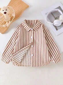 Young Girls Casual Khaki Striped Textured Turndown Collar Long Sleeve Shirt, Fashionable Top For Commute, Autumn - Khaki - View 8