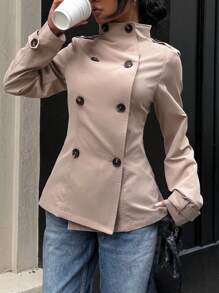 Muchica Women's Autumn New Style Stand-Up Collar Long-Sleeved Double-Breasted Waist Trench Coat, Suitable For Daily Street Wear - Khaki - View 4