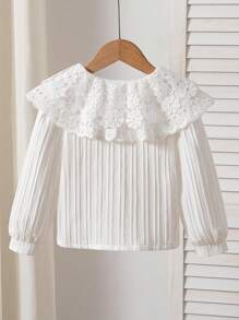SHEIN 女孩优雅蕾丝边刺绣双层彼得潘领长袖抽绳前扣休闲公主衬衫，适合度假、旅行、派对、生日礼物、春秋、返校秋冬 - 白色 - 查看 2