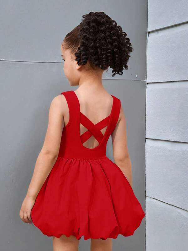 SHEIN Young Girl Solid Color Knit Round Neck Hollow Back Snug Fit Dress Kids Open Back Dress Kids Criss Cross Back Dress Kids Bubble Dress Kids Red Dress Kids Summer Dress Kids Romper Dress