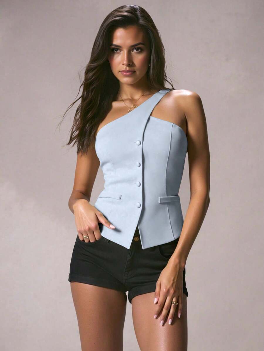 Glamine 女士杏色无袖休闲时尚百搭西装外套，夏季 - 藍色 - 查看 1