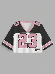 Slaydiva 女士休闲 V 领宽松短款半袖网眼 T 恤，适合夏季、运动游戏、校服 Y2k 图案 T 恤女士 Y2k 女式上衣 可爱 Y2k 上衣 女士运动衫 女士图案 T 恤适合外出时尚 - 彩色 - 查看 4