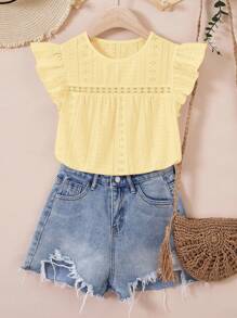 SHEIN Leap Crew TEEN GIRL 黄色纹理镂空针织T恤，宽松休闲度假风上衣 - 黃色 - 查看 3